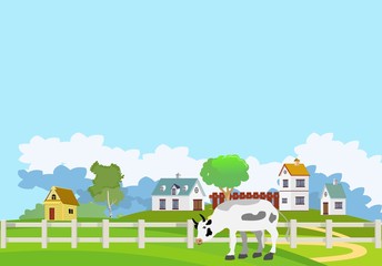 Farmland scene vector illustration, farm houses on green hills, cows, fence concept illustration