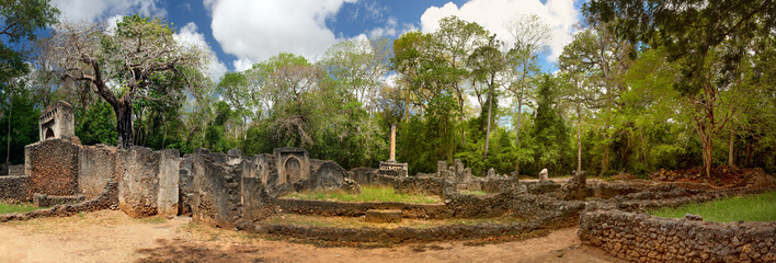 High resolution panorama - Ruins of ancient city Gede in African jungle. Watamu, Kenya.