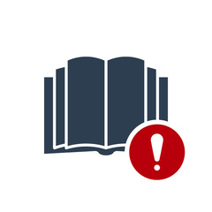 Book icon, education icon with exclamation mark. Book icon and alert, error, alarm, danger symbol
