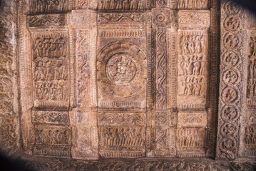 Carved ceiling of the Shiva Temple . Airavatesvara Temple, UNESCO World Heritage Site, Darasuram, Tamil Nadu, India