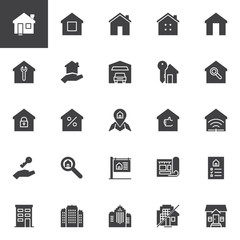 Real estate vector icons set, modern solid symbol collection, filled style pictogram pack. Signs, logo illustration. Set includes icons as House, Home, Office buildings, Mortgage, Blueprint, For sale