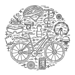 Creative round vector illustration of active lifestyle. Editable stroke design element. Perfect for sport club, bicycle rental and spare parts shop.