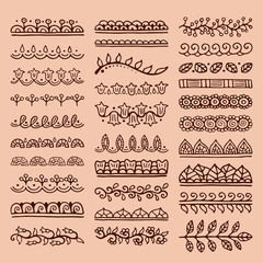 Mehndi style vector dividers. Set of creative hand drawn borders for your blog post decoration. Decorative lines for indian restaurant menu design. Perfect for your business.