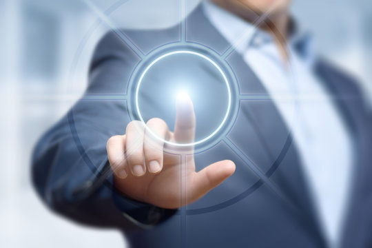 Businessman pressing button. Innovation technology internet business concept. Space for text