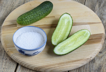 Salted halves of fresh cucumbers