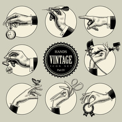 Set of round icons in vintage engraving style with hands and accessories - obrazy, fototapety, plakaty