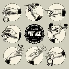 Fotobehang Set of round icons in vintage engraving style with hands and accessories © Raman Maisei