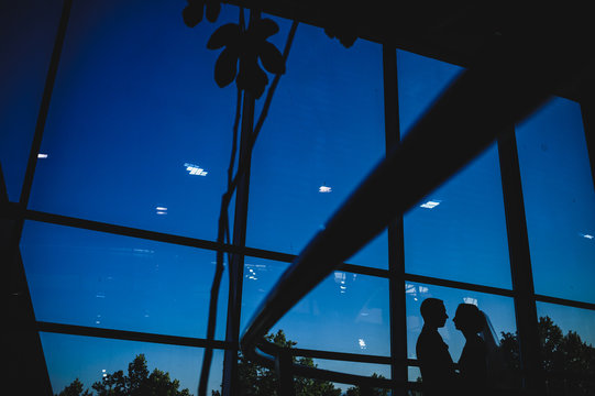 Silhouette of bride and groom embracing each other at dusk 