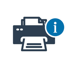 Printer icon, technology icon with information sign. Printer icon and about, faq, help, hint symbol
