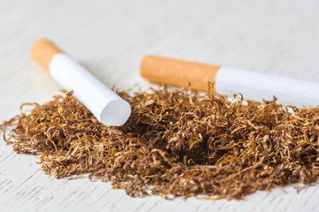 Heap of natural tobacco and cigarette cases for cigarettes on a white wooden table. Smoking. Nicotine addiction. Danger to health.