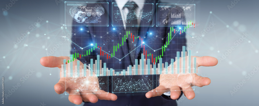 Poster Businessman using 3D rendering stock exchange datas and charts