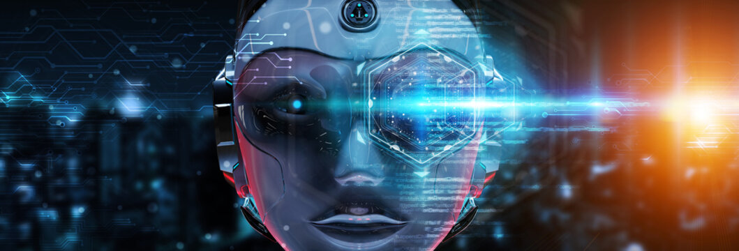Cyborg head using artificial intelligence to create digital interface 3D rendering