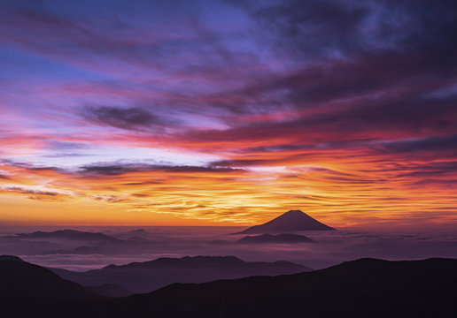 千枚岳より望む朝焼けの雲海と富士山