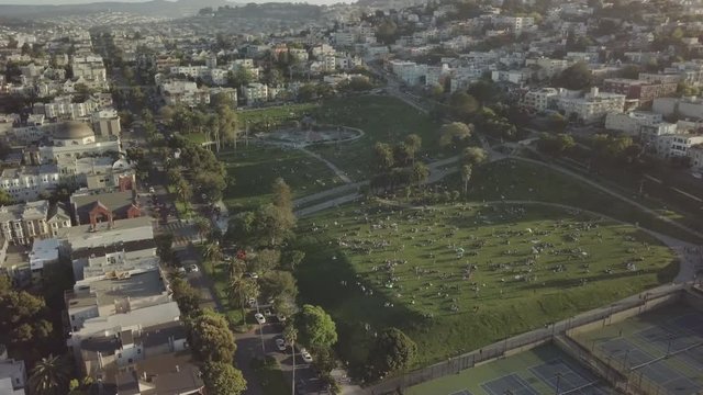 Aerial 4k HD Drone Shot Mission Dolores Park San Francisco California Sunset Flight