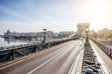 Cityscape view on the famous Chain bridge and Pest riverside in Budapest, Hungary
