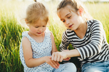Little girls are looking at insects in the green grass on the field.