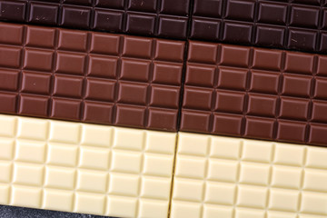 chocolate in diffrent color. milk, dark and white chocolate bars