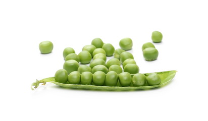 Fresh green peas with pod isolated on white background