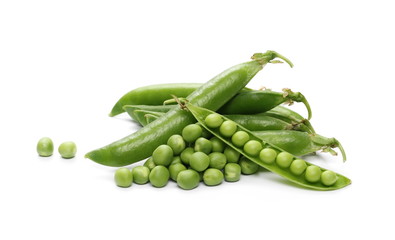 Fresh green peas with pod isolated on white background