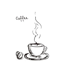 Cup of hot coffee and coffee beans. Vector Sketch Illustration.