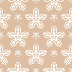 White floral ornament on beige background. Seamless pattern