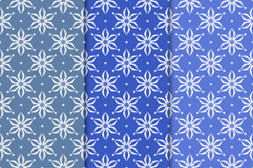 Set of floral ornaments. Vertical blue seamless patterns