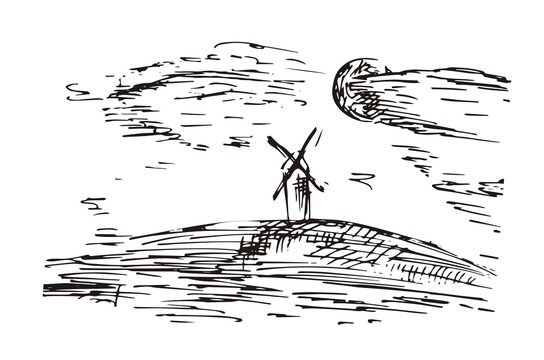 Mill in field. Landscape. Vector Sketch Illustration.