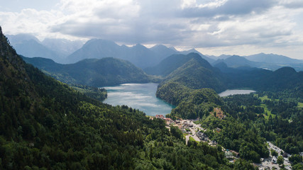 Aerial view of a beautiful lake in the Alpine mountains