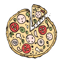 Pizza with cut piece. freehand drawing. Vector Sketch Illustration. Line art. Doodle art.