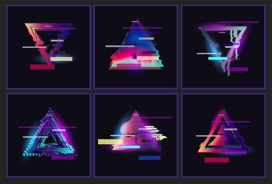 Glitched Triangle Frame Design Set. Distorted Glitch Style Modern Background. Glow Design For Graphic Design - Banner, Poster, Flyer, Brochure, Card. Vector Illustration.