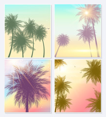 Summer Time Natural Palm Banners or posters, flyer template. Background set with palms, leaves, sea, clouds, sky, beach colors. Vector Illustration