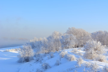 Winter panorama with snow covered trees. Beautiful landscape of wonderland.