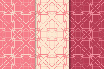 Cherry red geometric ornaments. Set of seamless patterns