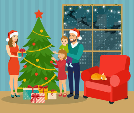Christmas interior. Family standing near christmas tree and decorating. Vector flat illustration