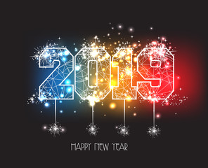 New Years 2019 polygonal line and fireworks background