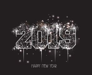 New Years 2019 polygonal line and fireworks background