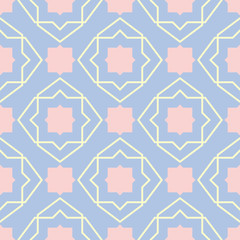 Geometric blue seamless pattern with beige and pink elements