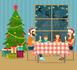 Christmas room interior. Pile of colorful wrapped gift boxes in front of the Christmas tree. Happy family  sitting at the table