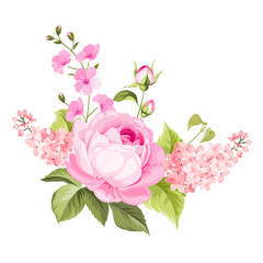 Spring flowers bouquet of color bud garland. Label with rose and lilac flowers. Vector illustration.