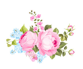 Spring flowers bouquet of color bud garland. Label with rose flowers. Vector illustration.