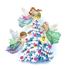 angels decorate the Christmas tree