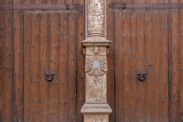  Detail artistic main door of cathedral or La Seu, gothic style in historic center of Palma, Balearic Islands.
