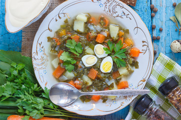 Plate with sorrel soup, bread and different vegetables