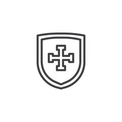 Shield with cross outline icon. linear style sign for mobile concept and web design. Protection simple line vector icon. Armor symbol, logo illustration. Pixel perfect vector graphics