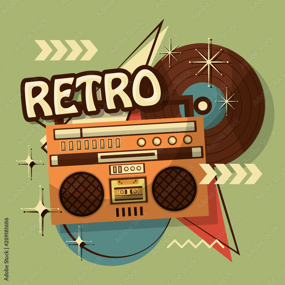 Wall mural music boombox vinyl disk retro vintage memphis background vector illustration