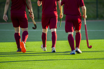 Obraz premium Three Field hockey players on the grass background