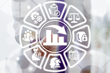 Man clicks a graph downwards button surrounded by specific icons. Chart Down Crisis Collapse Failure Bankruptcy Business Finance concept.