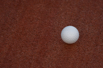 White ball for playing field hockey on the red grass background