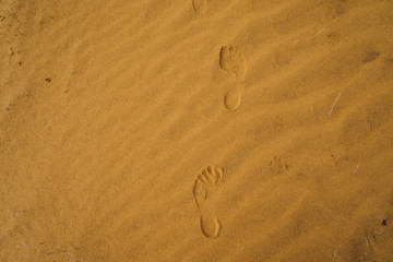 Waves and footprints in the sand in the desert close-up