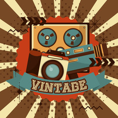 reel to reel tape recorder camera camcorder halftone retro vintage vector illustration